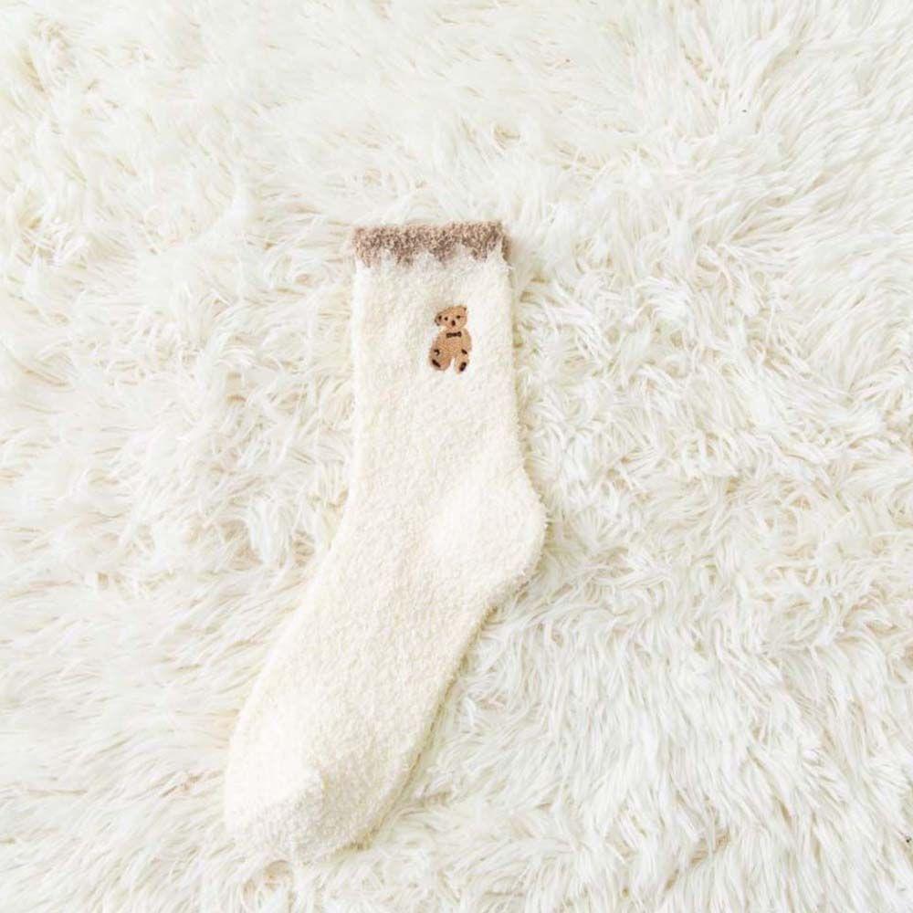 

Вышивка Медведь Однотонные Гольфы до середины голени для девочек Носки из кораллового флиса Милые носки для дома Женский трикотаж белый