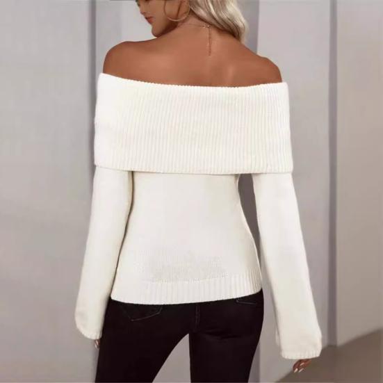 Women Sweater Off Shoulder Long Sleeve Solid Color Knitting Tops Slim Fit Asymmetric Design Pullover Tops Knitwear