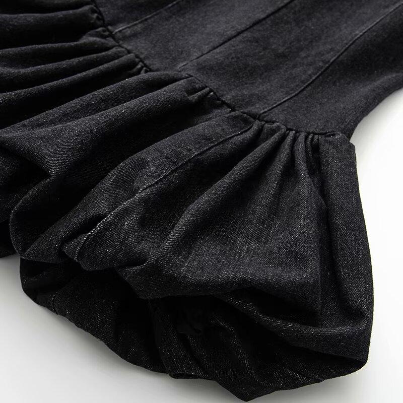Spring and summer small stand-up collar sleeveless neck-hanging denim short skirt women's balloon version denim dress