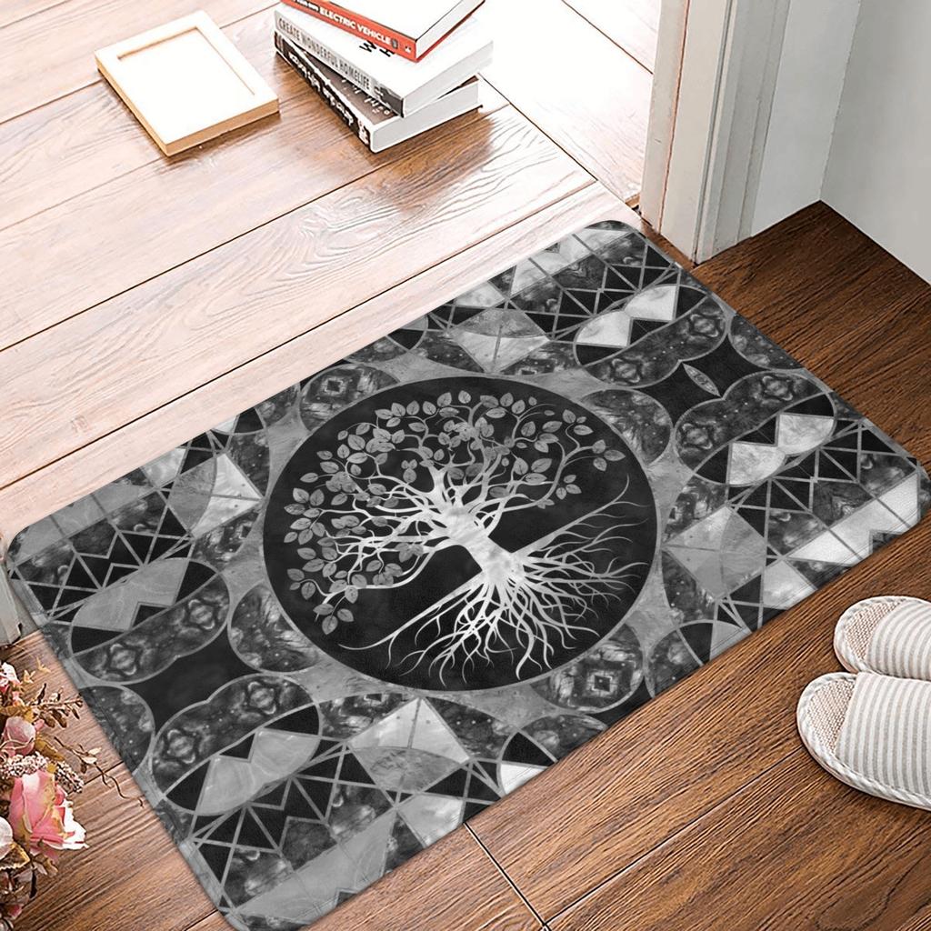 Norse Tree Of Life Printed Flannel Door Mat Viking Rune Design Soft Absorbent Rug For Home Decor Gift Idea