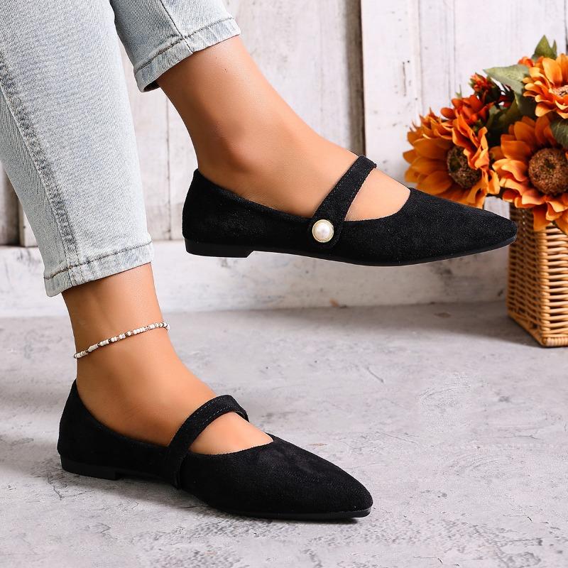 

Soft Sole Pointed Toe Suede Pearl Buckle Low Top Single Shoes Women s Shallow Mouth Anti-Slip Wear-Resistant Flats 42 чорний