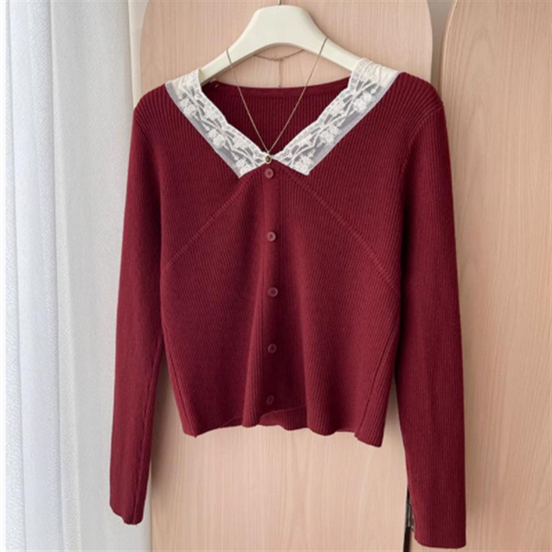 

Вязаный свитер в стиле ретро с кружевом для женщин, нежный и милый осенью и зимой, многослойный, топ-основа One Size красный