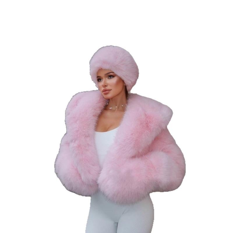 Jachetă de blană roz pentru femei, haină de blană artificială, iarnă, păr de vulpe roz, cu glugă, top de pluș