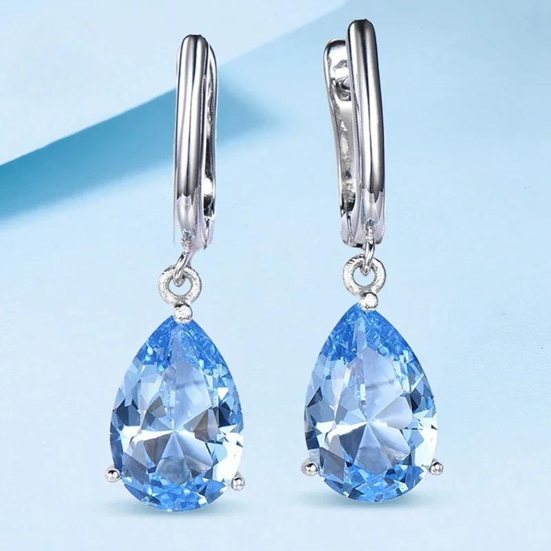 925 Sterling Silver Topaz Drop Earrings for Women High Quality Gemstone Simple Blue Emerald Wedding Party Fashion Jewelry Gift