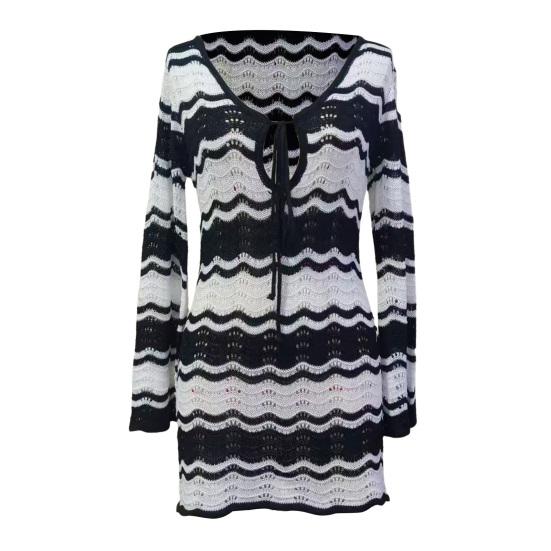 Women's Swimwear Cover-Up Striped Crochet Hollow Out Mesh Beach Dress V-Neck Tie Front Long Sleeve Summer Bathing Suit for Beach Vacation
