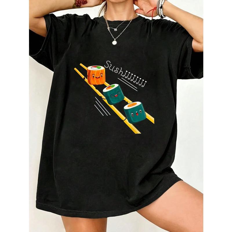 

Cute Oversized T Shirt Black Sushi Roll Cartoon Print With Music Notes And Text For Casual Wear Summer Outfits Streetwear Fashion S
