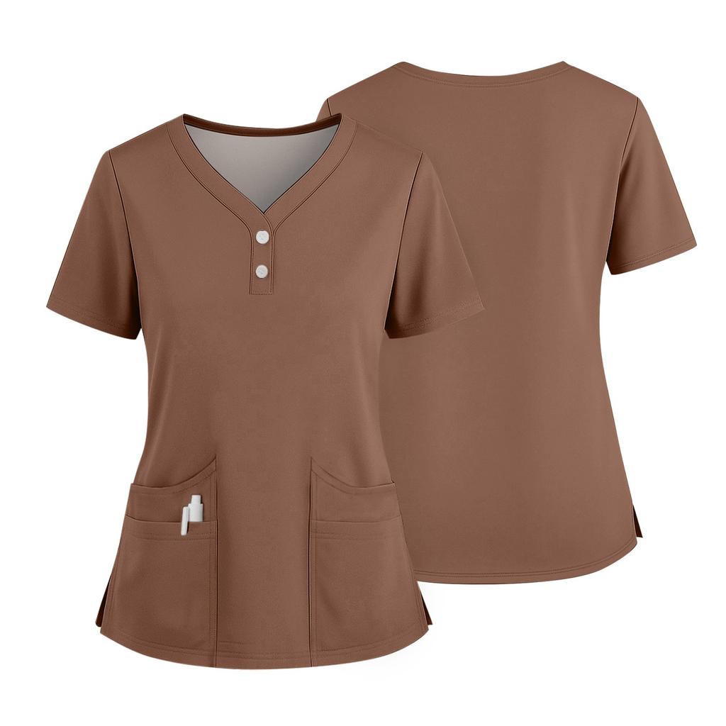 Women's Short Sleeved Solid Color V-neck Buttonable Side Slit Top T-shirt