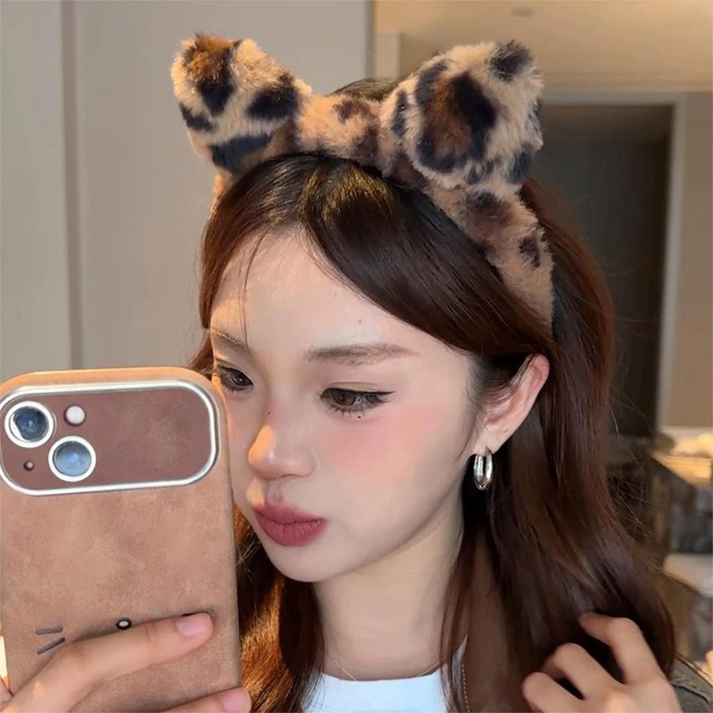 Plush Cat Ears Headband Vintage Leopard Print Hair Hoops Cute Festival Accessories Fashion By Clips Ribbon for Hair Hair Hoop