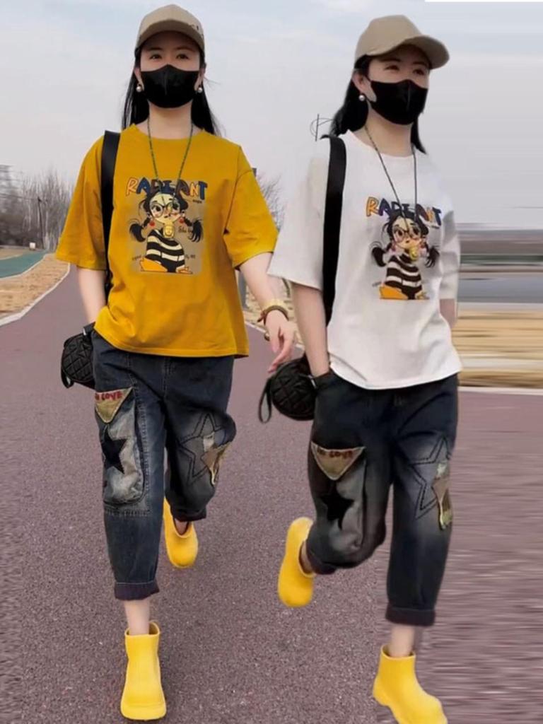 Damen Locker Geschnittenes T-Shirt mit Cartoon-Mädchen-Print, Kurzarm - 2025 Sommer Casual Rundhals-Oberteil