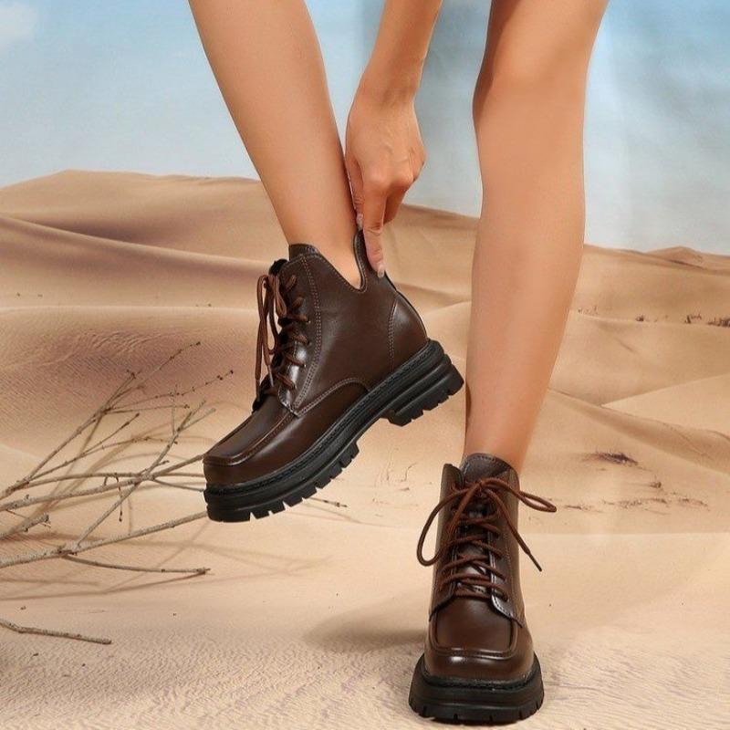 Brown New Women Ankle Boots Autumn Winter Platform Lace-up Women Punk Boots Thick Sole Combat Booties Female Mujer Q429