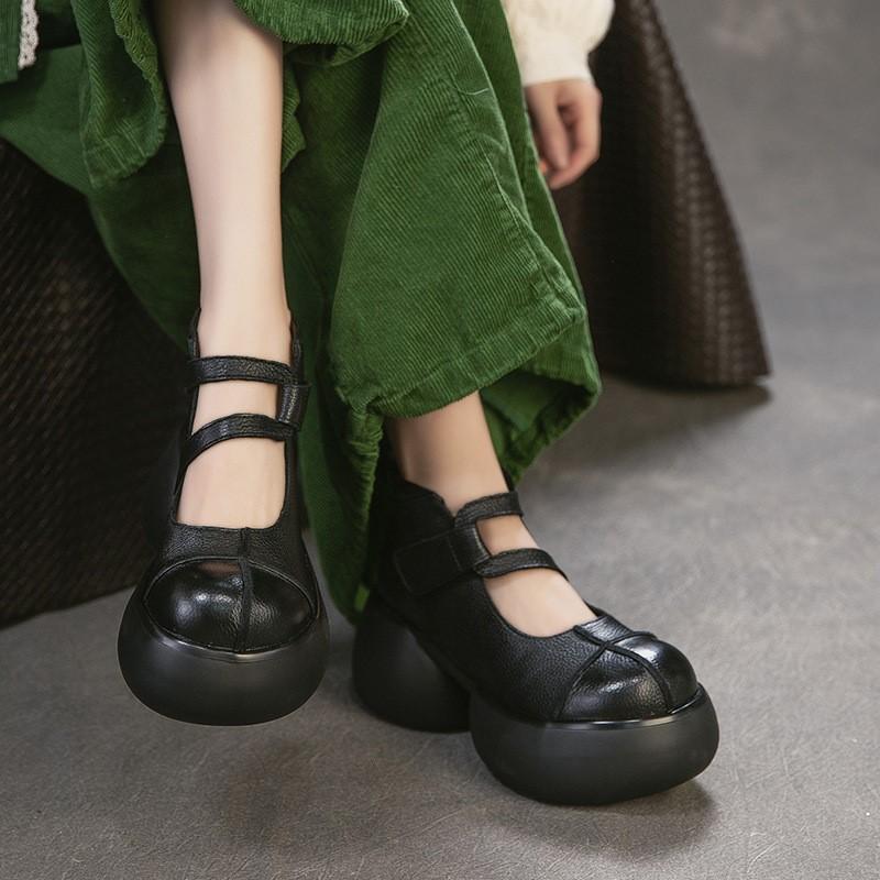 Johnature Skórzane Retro Czółenka na Grubej Platformie z Obcasem Okrągły Nosek Zapięcie na Rzepy Damskie Buty Platformowe