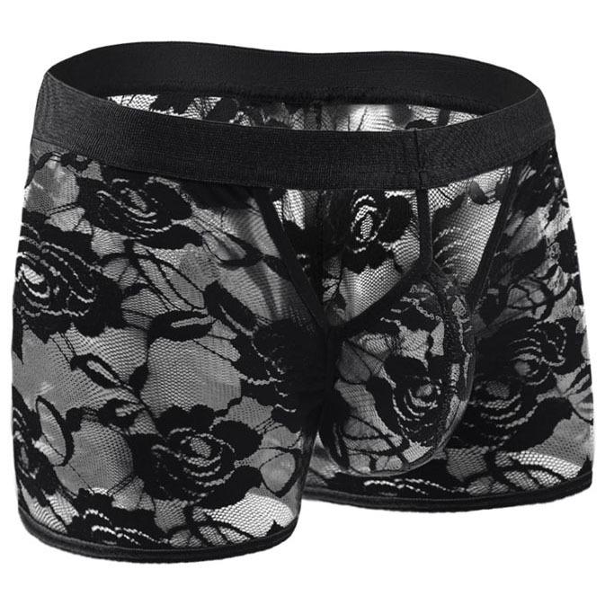 Men'S Floral Lace Boxer Open Front Bugle Pouch Sissy Lingerie Underwear Sexy See Through Underpants Trunks Crossdress Panties