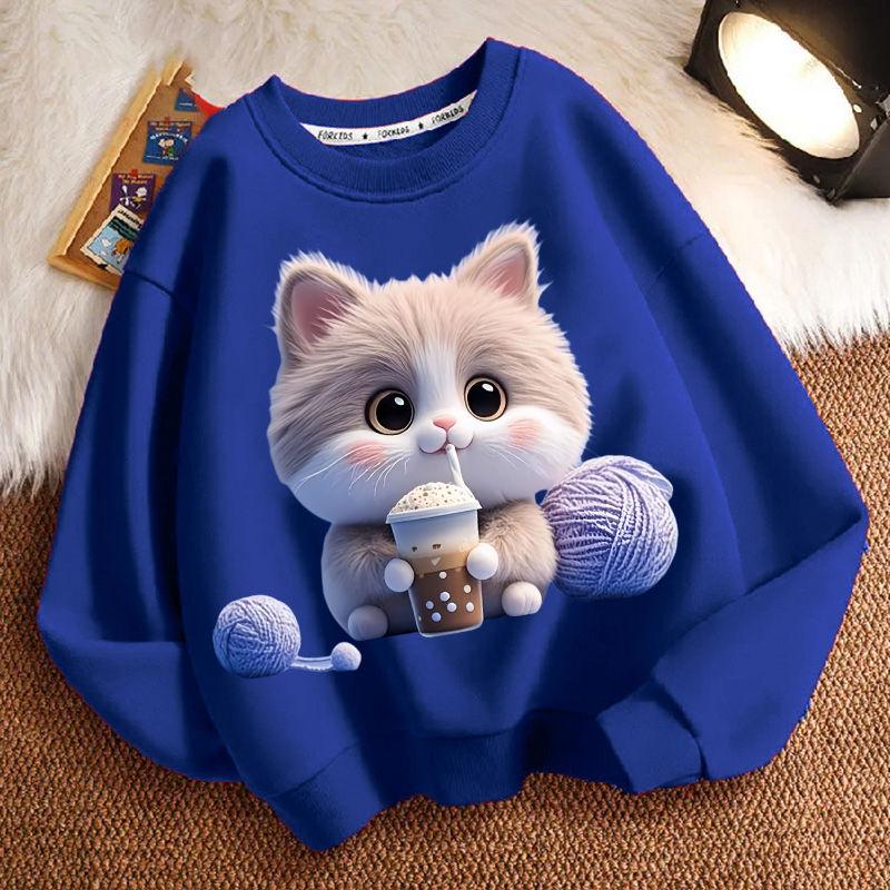 Cute Milk Tea Cat Round-neck Sweatshirt for Children, Fashionable Long-sleeved Casual Sweatshirt for Boys and Girls in Spring and Autumn
