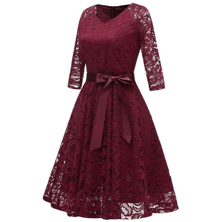 Vintage Floral Lace Bridesmaid Dress 3 4 Sleeve A Line with Ribbon Belt Tea Length Cocktail Party Evening Occasion Outfit Day Wear