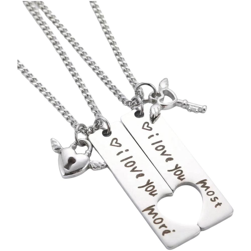 2pcs Stainless Steel I Love You More Necklaces Puzzle Heart Lock Key Pendant  Valentine Day Gift серебряный