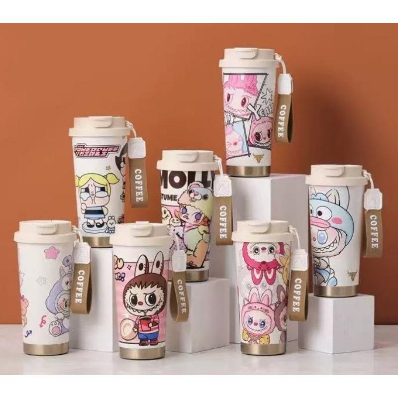 Labub 304 stainless steel thermos cup cartoon pattern portable lily of the valley cup girls high value with straw fashion
