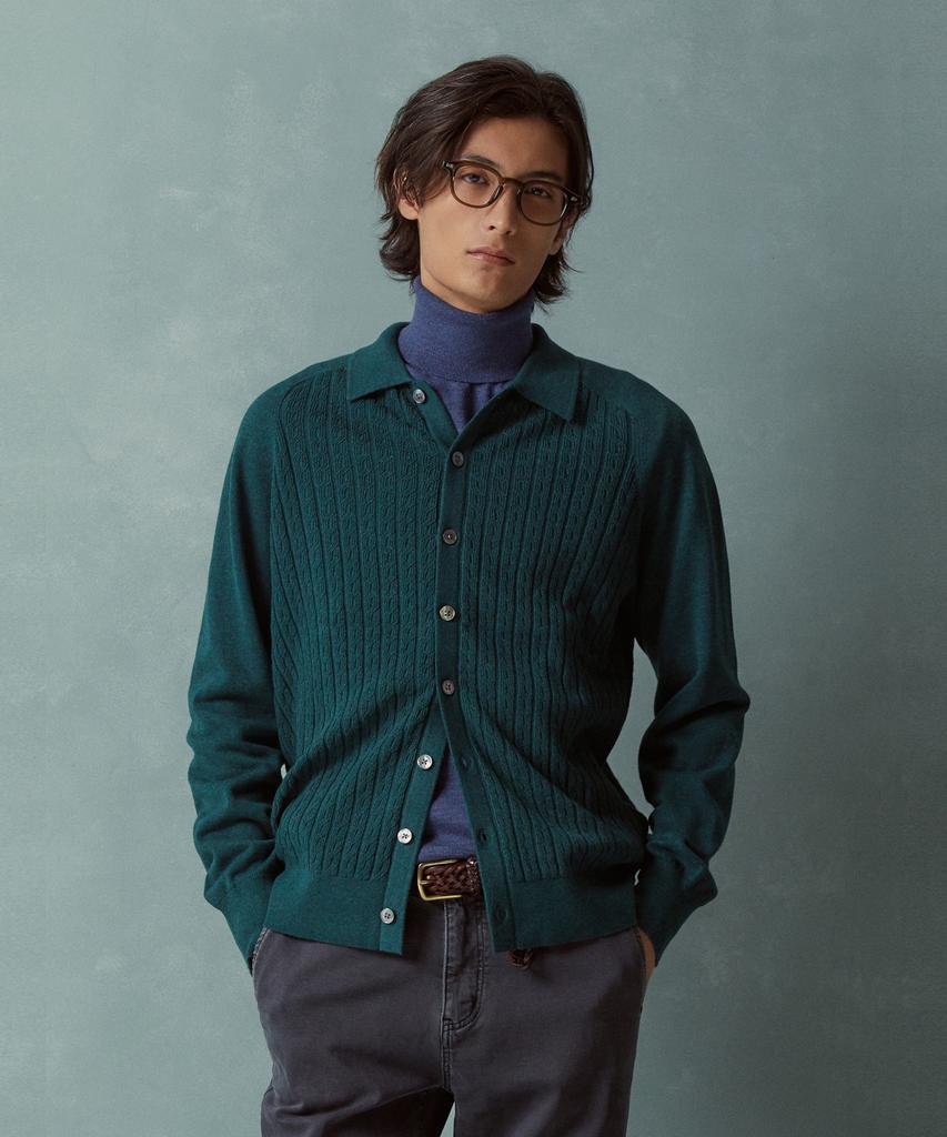 Brooks Brothers Cotton Cable Polo Cardigan (Green) (Bbwcmmf302)