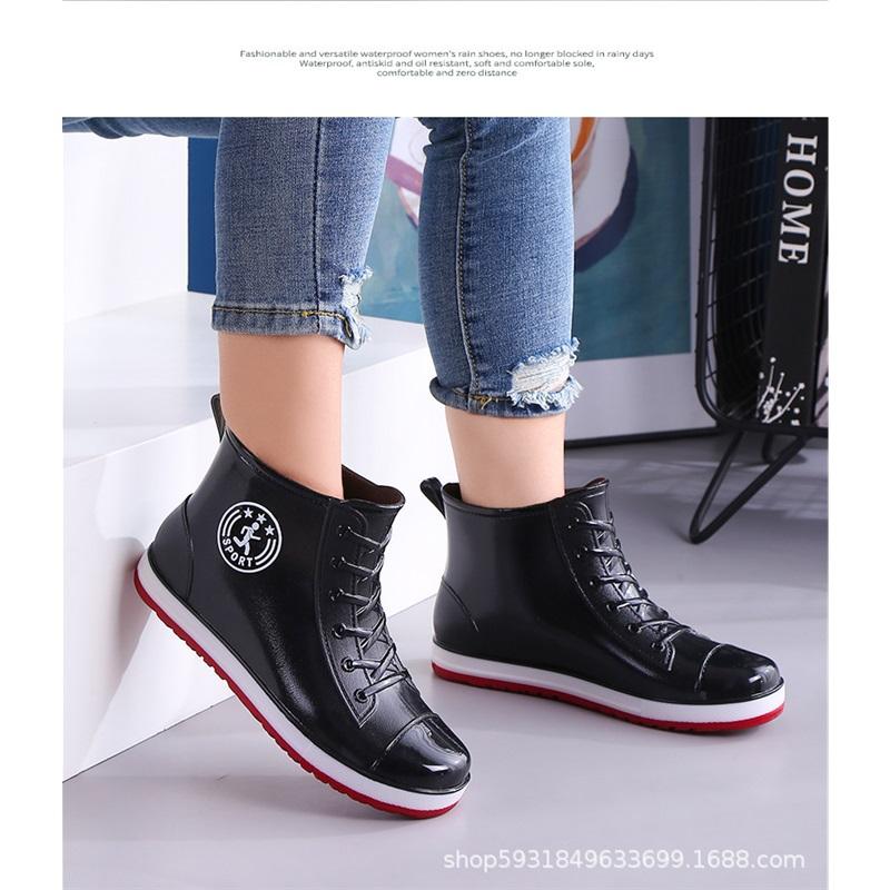 Women Ankle Rain Boots Lace Up Canvas Style Waterproof PVC Rubber Wellies Non Slip Casual Short Rain Shoes