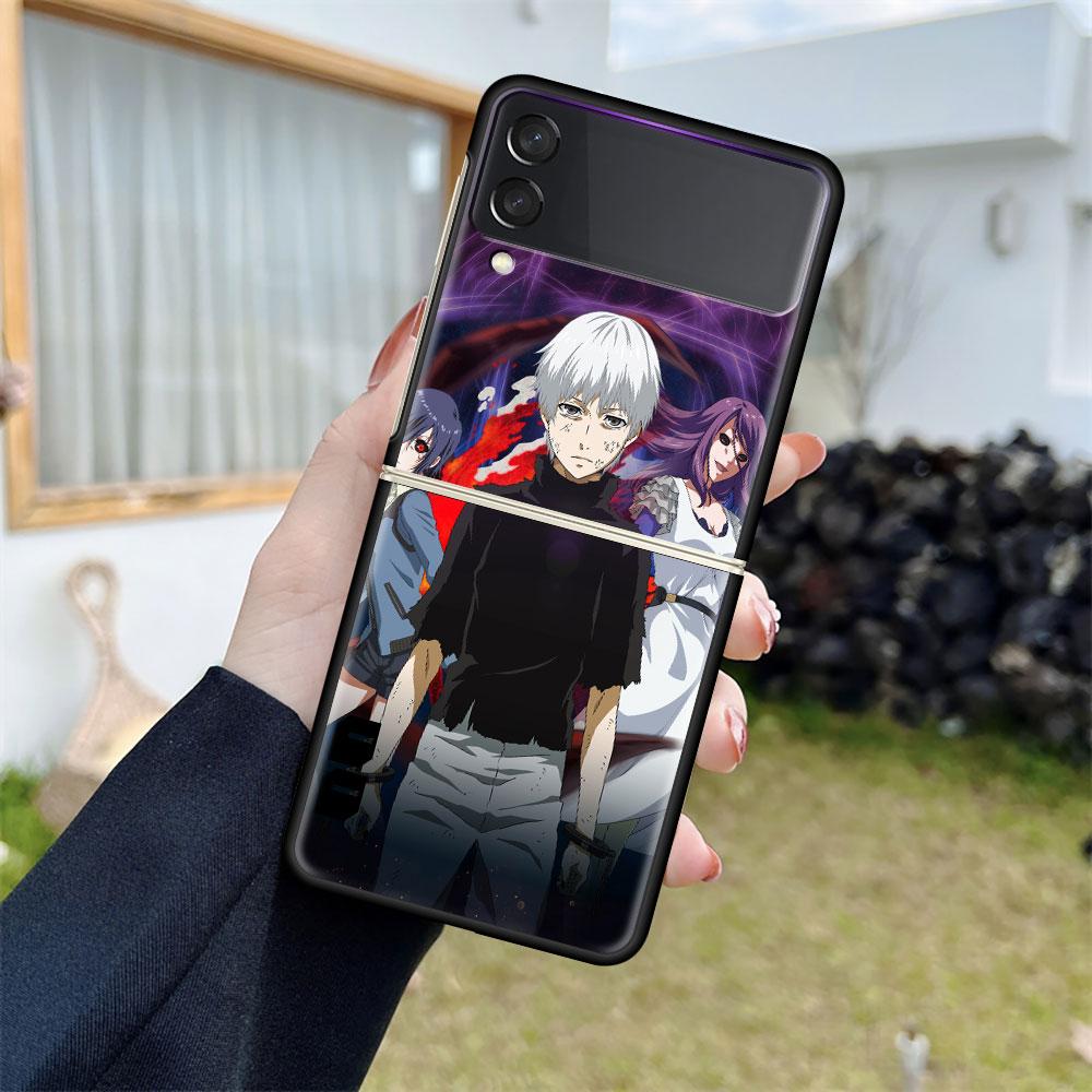Luxury Case For Samsung Galaxy Z Flip 4 3 5G Black PC Hard Phone Cases Fashion Back Cover ZFlip Funda Anime Tokyo Ghoul Shell