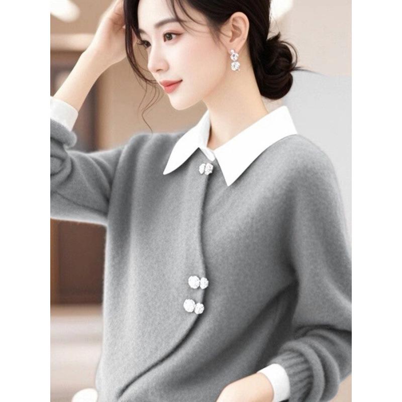2025 Stylish Chinese-Style Gray Sweater: Women's Thick, Warm Winter Inner Layer with Faux Two-Piece Design