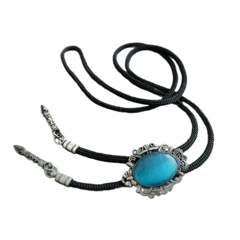 Men Women Handmade Vintage Bolo Tie Western Cowboy Braided Rope Necktie with Antique Stone Feathered Pendant Necklace