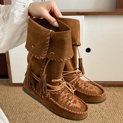Stivaletti Western da Donna con Intreccio Retrò, Frange, Allacciatura, Bordo Rovesciato, Altezza Interna, Stivali a Metà Polpaccio, Scarpe Casual da Donna per Esterno
