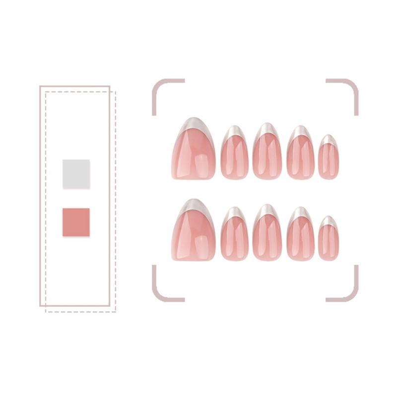 Silver French Tip Press On Nail Short Almond Full Cover False Nail Simple Stick on Nail Simple Artificial Nail