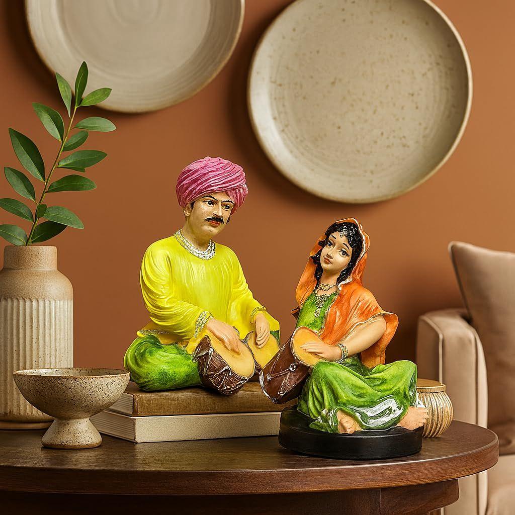 Resin Rajasthani Musical Couple Decoreative Showpiece for Home Decor (Pack of 2, Multicolor)