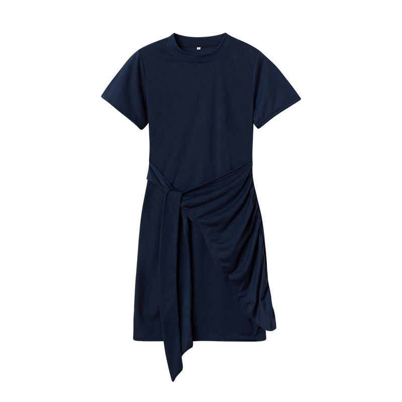 IHUASU Summer Short Sleeve Round Neck Pleated Bow Belt Irregular Dress