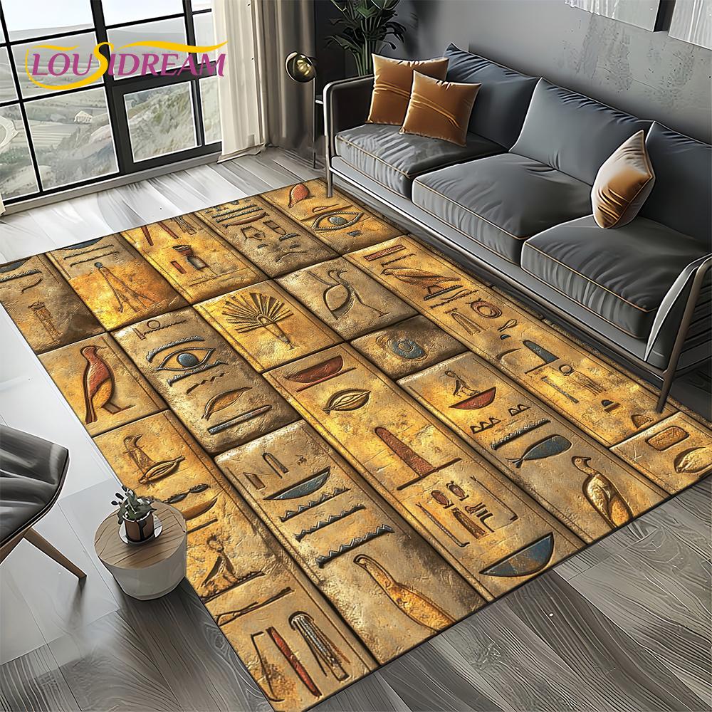 2025 Antikes Ägypten Hieroglyphen Mythologie Wandmalerei Teppich für Wohnzimmer Schlafzimmer Sofadekoration,Rutschfeste Bodenmatte