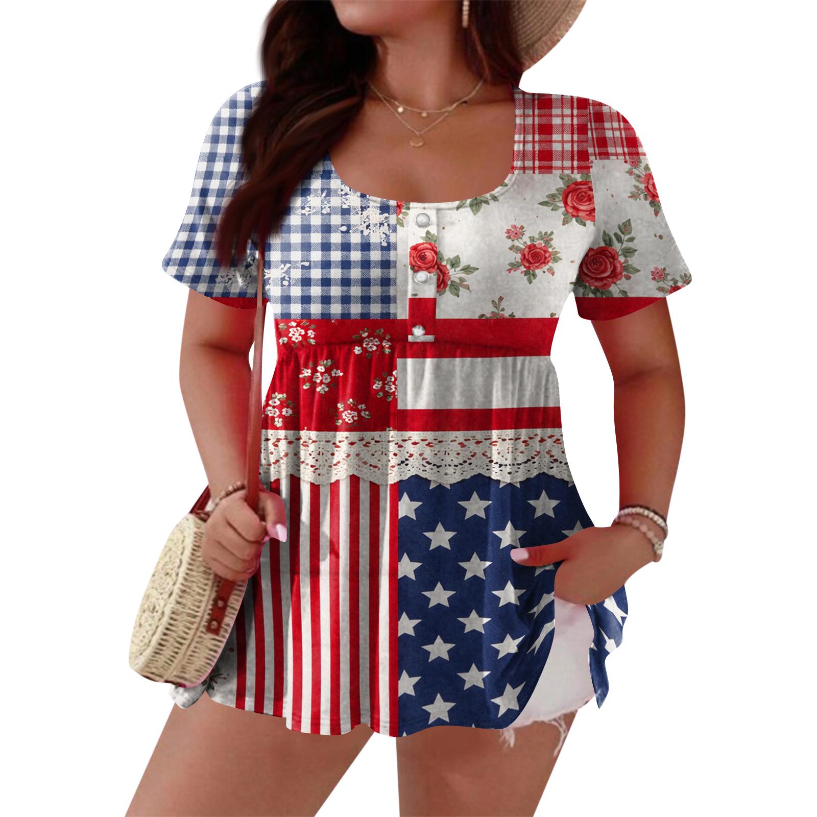 

Women’s Short Sleeve Patchwork Print Casual Top Loose Fit Round Neck Button Front Blouse Summer Lightweight Tunic Shirt XL Кіновар