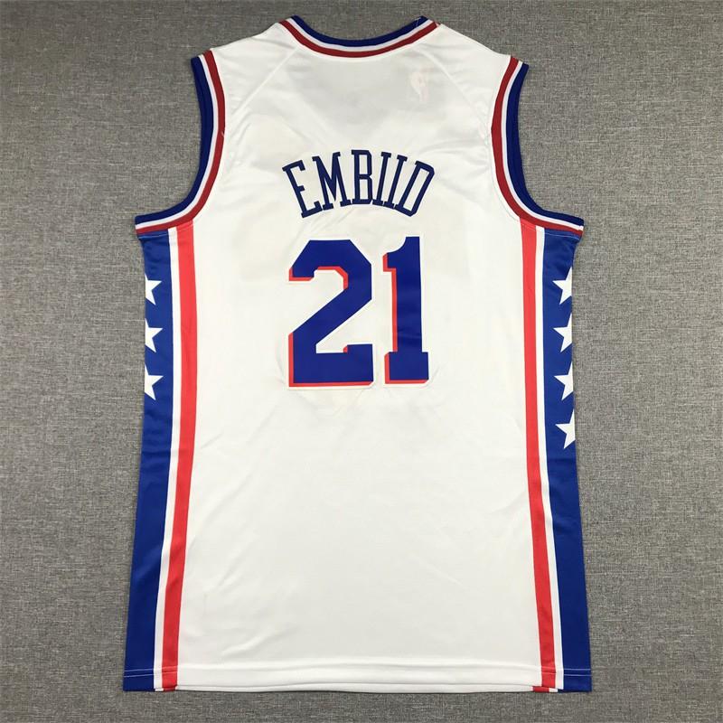 Mens Embroidered Philadelphia 76ers 21 Joel Embiid Basketball Jersey Training Shirt Cotton Blend