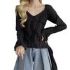 Yousheng Women Tops V-Neck Flared Long Sleeve Slim Fit Tee Shirt Solid Color Ruffle Stitching Tops with Irregular Hem Hole Design T-Shirt