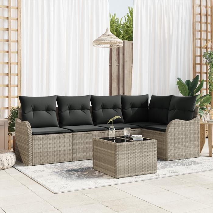 Set de canapé de jardin vidaXL 6 pièces avec coussins Gris Poly Rotin, Canapé de jardin 2 places vidaXL avec rangement 3354381