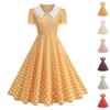 Women Vintage V Neck Button Down Polka Dot Fit and Flare Dress with Short Sleeves and Wide Collar for Retro Style Outfits