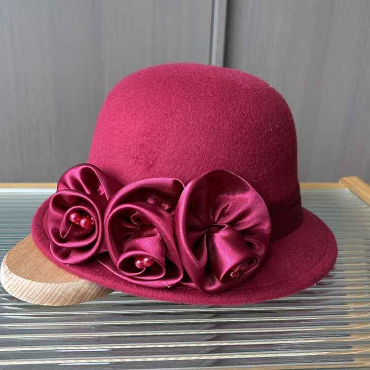European And American Xiaoxiangfeng Satin Flower Fashion Hat, Small Edge Autumn And Winter Dome Thermal Basin Hat, Women'S Wool Woolen Top Hat