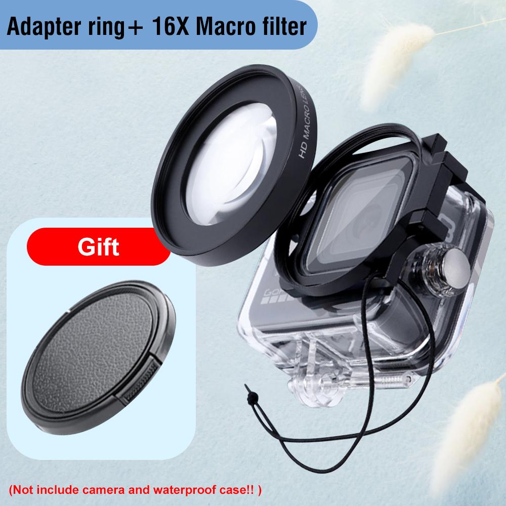 16X Macro HD Filter for GoPro 11 10 9 8 Black Waterproof Case Diving Red Purple Filter + Lens Cap + 58mm Adapter Ring