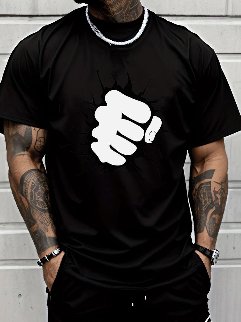 Unisexs Black Crew Neck Tee Cracked Wall Fist Punch Creative Graphic Print Loose Summer Street Casual Daily Basic Short Sleeve Top