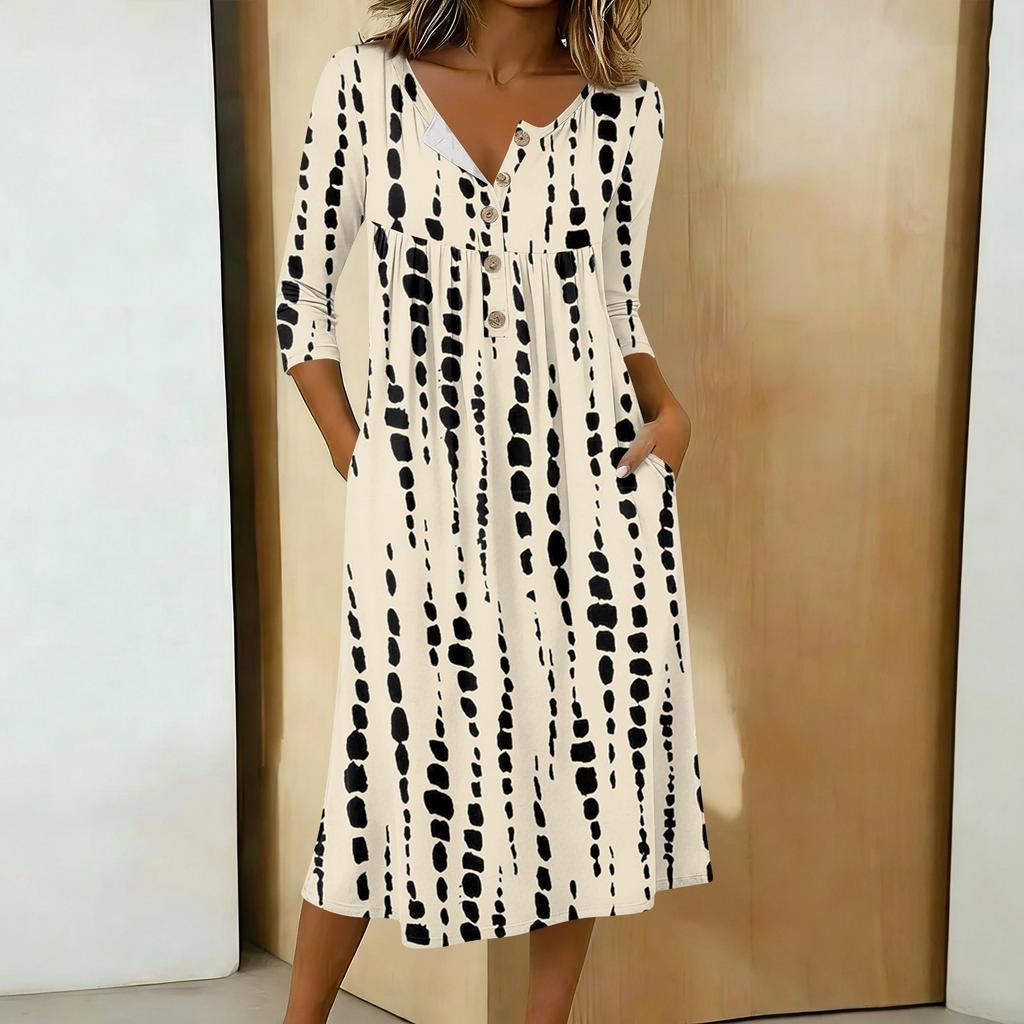 Women's Fashionable Color Printed Round Neck 3/4 Sleeve Button Collar Mid Length Casual Dress