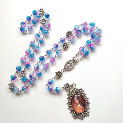 Blaue Rosenkranzkette aus Acrylperlen, Vintage-Stil, katholische religiöse Kreuz-Jesus-Anhänger, Halsketten für Männer und Frauen, Schmuck, Wanddekoration