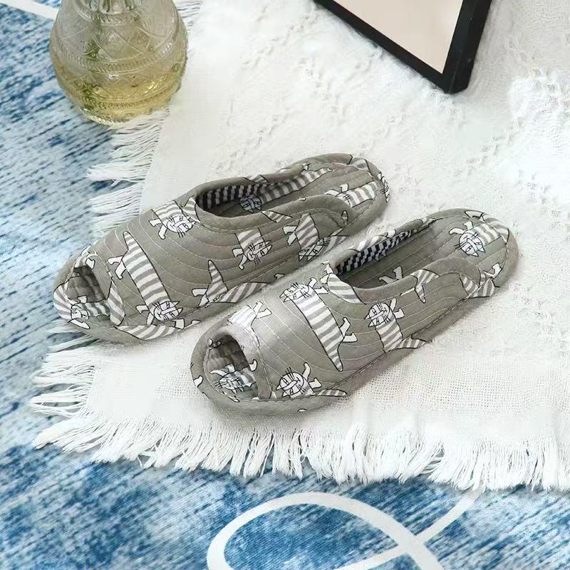 Atmungsaktive Baumwoll-Hausschuhe mit offenen Zehen, Stoffsohle und Krabbelmatte - Leise, Ganzjahres-Stil, Koreanisch