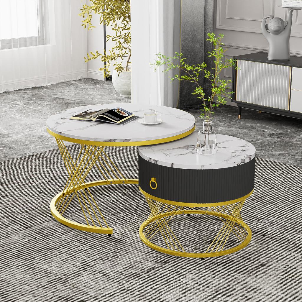 Elegant Assemblable Coffee Table: Marble Look, Gold Decor, Side Table with Drawers – Set of 2