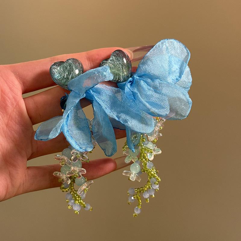 

Тканевые шифоновые серьги-цветы с бахромой, милые, маленькие, свежие клипсы для ушей, модные, с высоким чувством темперамента