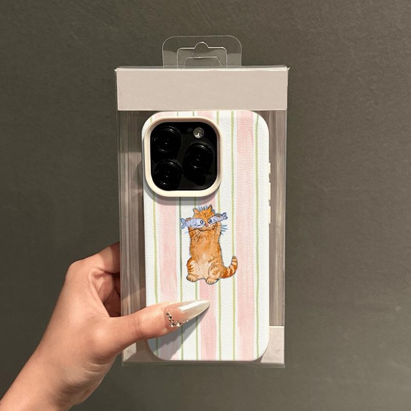 Pink Stripe Orange Cat Fish Glasses Pattern Design Protective Cover for iPhone 17 16 15 14 13 12 11 16E Series Pro Max Plus