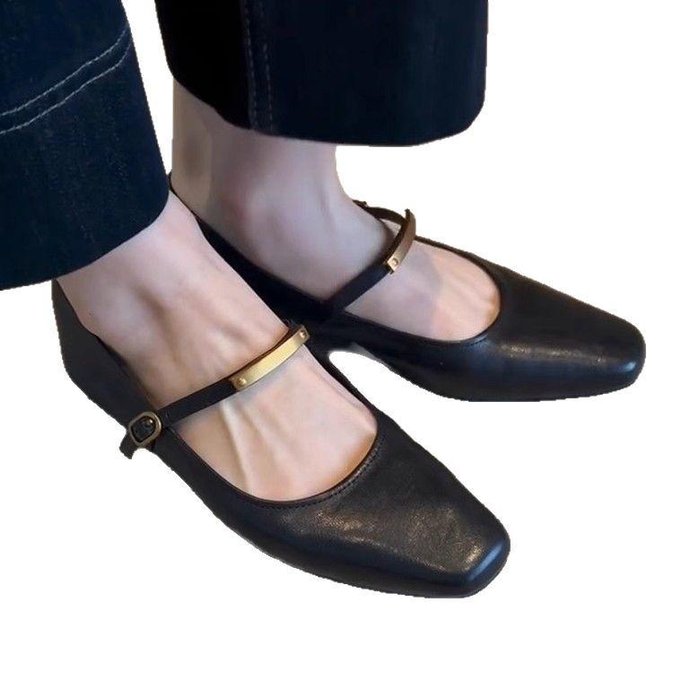 Soft Leather Version~ Shallow Mouth One-word Buckle Black Mary Jane Shoes Women's Retro Flat-bottomed Comfortable Versatile Square Head Smal