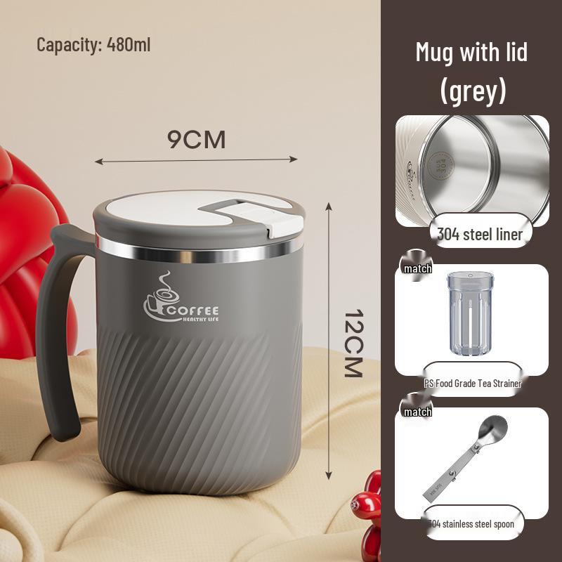 Portable Stainless Steel Mug with Lid, Spoon & Tea Infuser - Multi-Purpose Cup for Tea, Coffee, Milk, or Water.