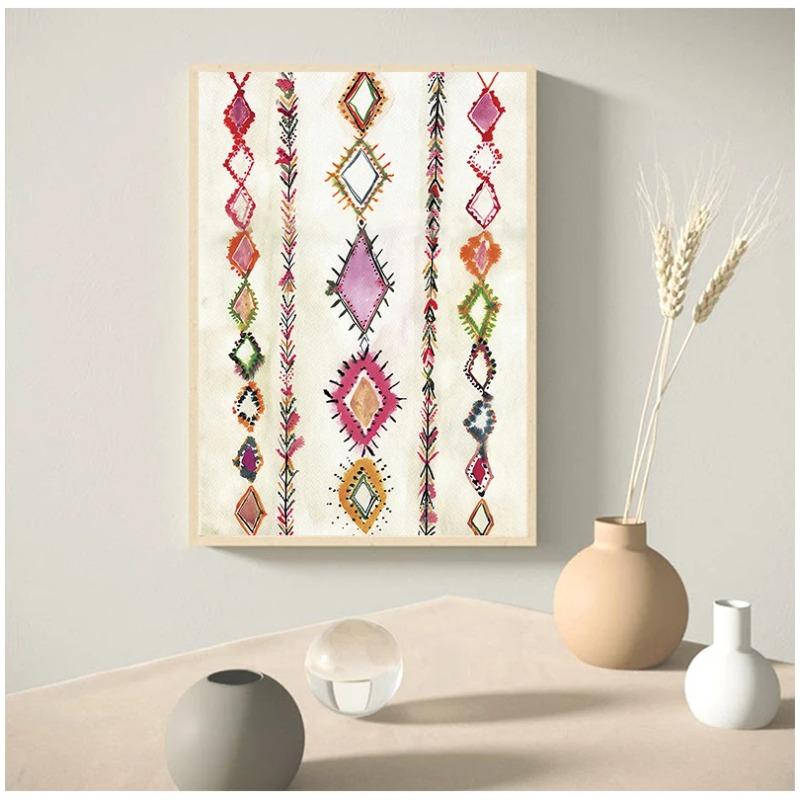 Moroccan Rug Art Painting Boho Wall Pictures , Abstract Neutral Eclectic Canvas Art Prints Home Bohemia Poster Wall Decor