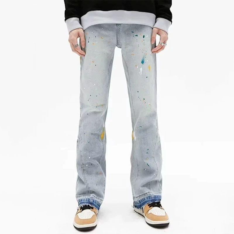 Pánské džíny do zvonu ve streetovém stylu s cákanci inkoustu pro jaro a podzim - Trendy, ležérní, volné, slim fit