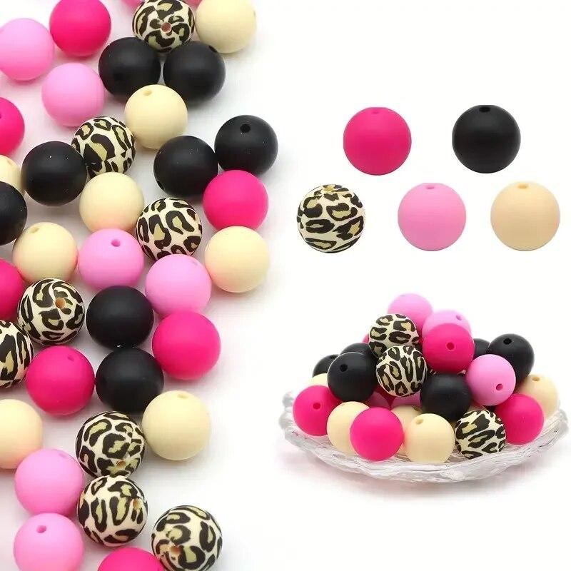 45 Stück 15mm Leopardenmuster Silikonperlen Runde Lose Perlen Für Schmuckherstellung DIY Anti-Drop Schlüsselanhänger Kette Armband Handgemacht