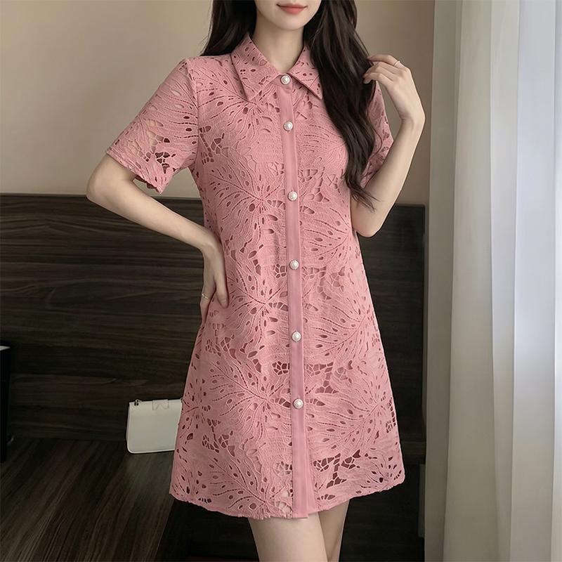 ZANZEA Women Casual Turn Down Collar Short Sleeve Lace Crochet Patchwork Elegant Dress